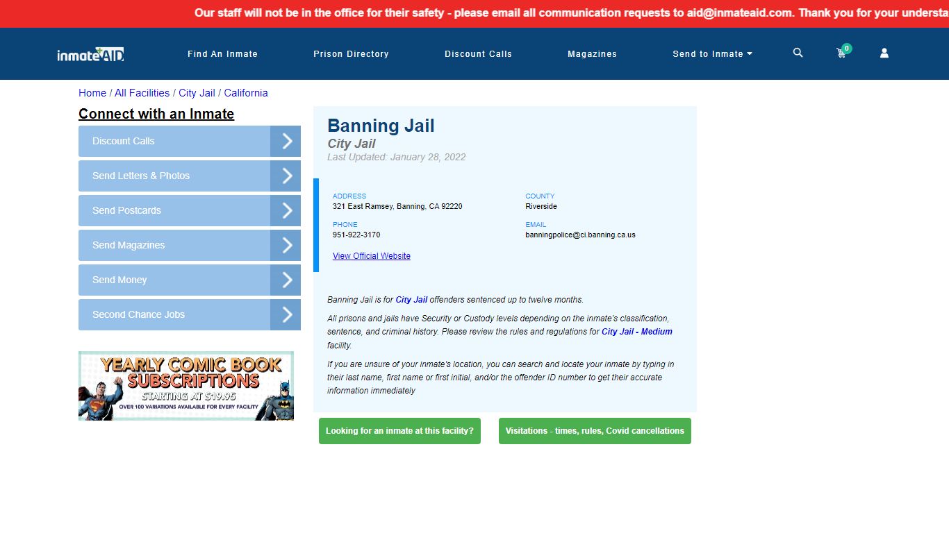Banning Jail | Inmate Locator